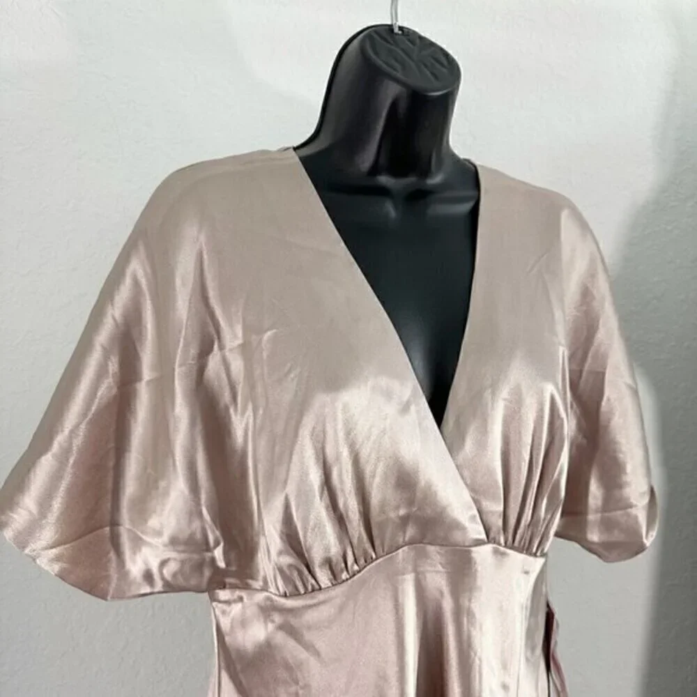 Birdy Grey Jesse Kimono Shiny Satin Flutter Sleeve Bridesmaid Dress Taupe Medium - Picture 5 of 11